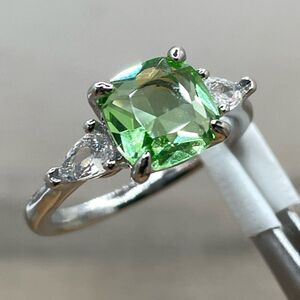 Beautiful Cushion Cut Peridot White Diamond CZ Silver Plated Ring